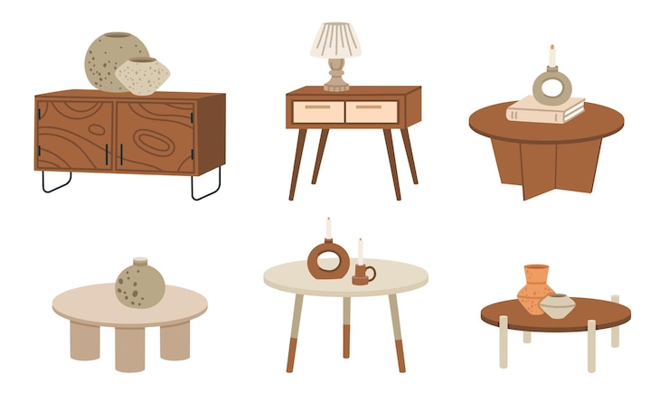 Vector mesas de café, comederos y mesas de café de madera de dibujos animados, muebles de decoración para el hogar modernos, conjunto de ilustraciones vectoriales planas, colección de muebles de madera