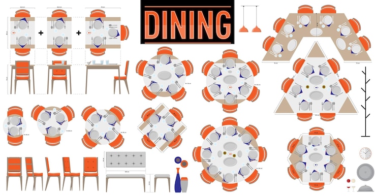 Vector mesas de comedor en diferentes formas y tamaños en escala (planos y alzados)
