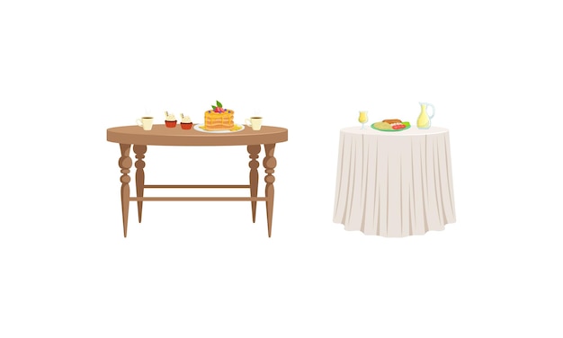 Mesas con platos sabrosos establecidos Mesa servida con comidas de desayuno Ilustración vectorial