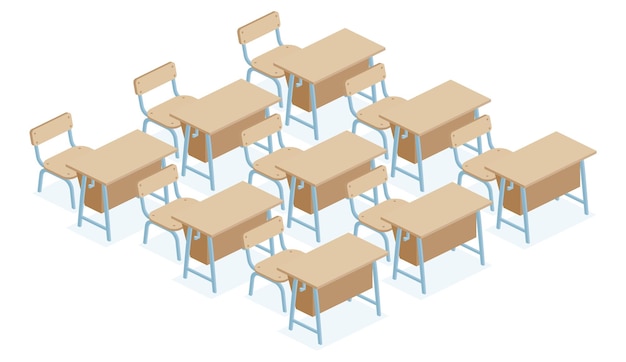 Mesas y sillas de escritorio isométricas de nueve escuelas Objetos aislados sobre un fondo blanco Aula