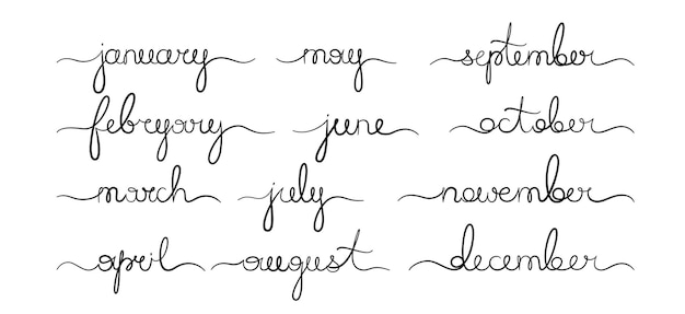 Meses nombres línea cursiva manuscrita conjunto continuo caligráfico pincel dibujado script calendario vector