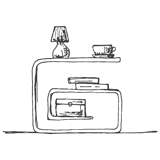 Mesita de noche con una lámpara Ilustración vectorial en estilo boceto
