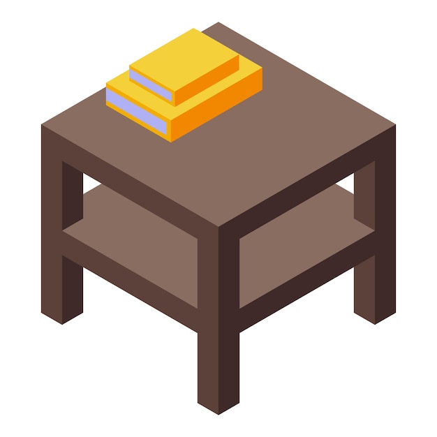 Mesita de noche de madera con libros vista isométrica