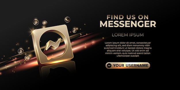 Vector messenger banner 3d gold icon para la promoción de la página comercial y la publicación en las redes sociales