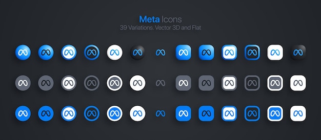 Meta vector icon set moderno 3d y plano en diferentes variaciones social media network metaverse logo