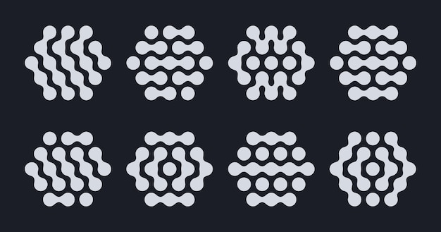 Metaball formas hexagonales figuras de moléculas líquidas conectadas líquido abstracto puntos elementos de diseño gráfico vector plano conjunto de ilustraciones formas de mancha de metaball de panal de miel
