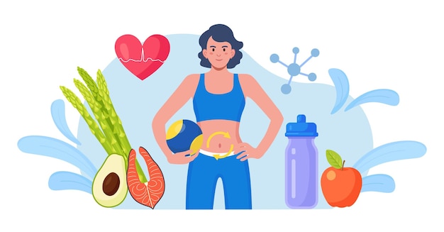 Vector metabolismo del organismo humano. proceso metabólico de la mujer deportiva a dieta. sistema digestivo, bioquímica, sistema hormonal. reacciones químicas de la nutrición en la síntesis de organismos.