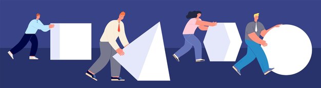 Metáfora de la competencia empresarial Gente empujando figuras innovador eficiente y equipo Gerente efectivo de concurso financiero y trabajadores concepto de vector total
