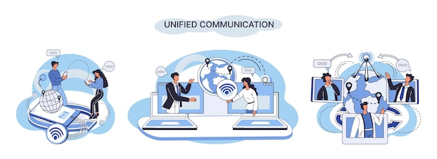 Metáfora de comunicación unificada Idea creativa de redes sociales Red social en línea Aplicaciones de interacción empresarial Tiempo de marketing Dispositivos informáticos móviles para cooperaciones e intercambio de información