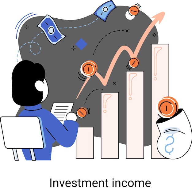 Vector metáfora del concepto empresarial de crecimiento financiero y ahorro de dinero de inversión analiza gráficos e indicadores de crecimiento de ingresos ingresos por inversiones procedentes de valores y otras inversiones no comerciales dividendos