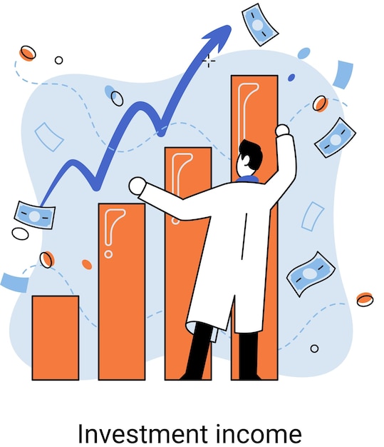 Vector metáfora del concepto empresarial de crecimiento financiero y ahorro de dinero de inversión analiza gráficos e indicadores de crecimiento de ingresos ingresos por inversiones procedentes de valores y otras inversiones no comerciales dividendos