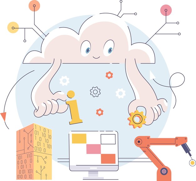 Metáfora de desarrollo de automatización de fabricación inteligente Industria inteligente innovadora diseño de productos proceso de fabricación línea de producción automatizada entrega y distribución robots industria de maquinaria 40