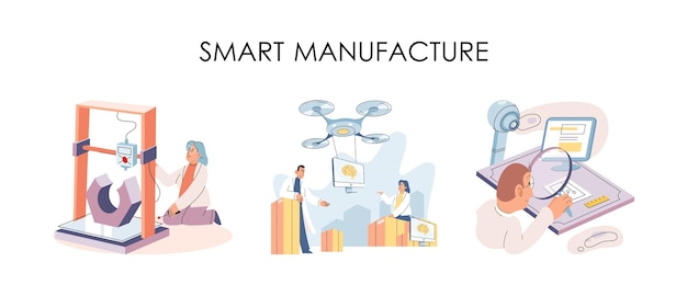 Metáfora de desarrollo de automatización de fabricación inteligente Industria inteligente innovadora diseño de productos proceso de fabricación línea de producción automatizada entrega y distribución robots industria de maquinaria 40