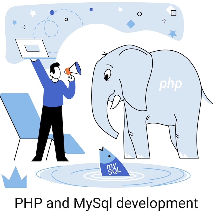Vector metáfora de desarrollo de php y mysql desarrollador de sitios web de software con servicio de programador informático lenguaje de programación de propósito general de código abierto las aplicaciones web de secuencias de comandos permiten crear programas