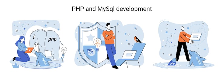 Vector metáfora de desarrollo de php y mysql desarrollador de sitios web de software con servicio de programador informático lenguaje de programación de propósito general de código abierto las aplicaciones web de secuencias de comandos permiten crear programas