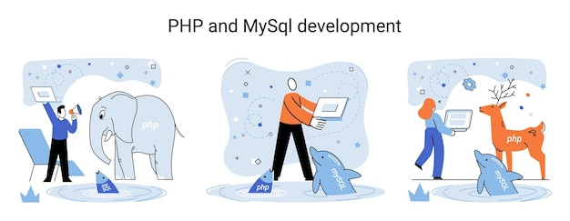 Vector metáfora de desarrollo de php y mysql desarrollador de sitios web de software con servicio de programador informático lenguaje de programación de propósito general de código abierto las aplicaciones web de secuencias de comandos permiten crear programas