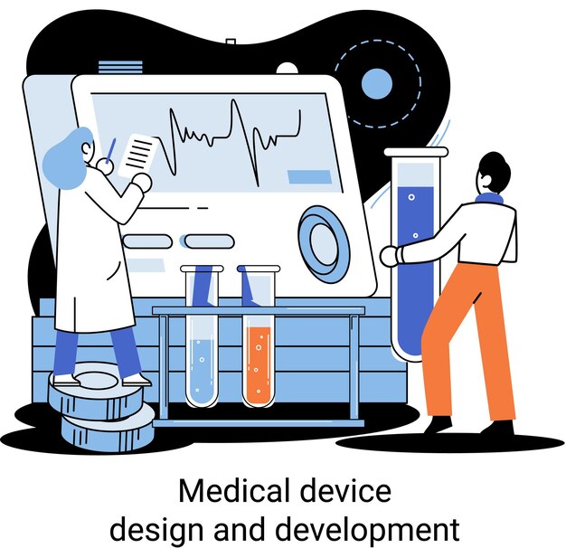 Metáfora de diseño y desarrollo de dispositivos médicos con científicos que desarrollan equipos de investigación y experimentos Servicio de diagnóstico de laboratorio laboratorios clínicos de química investigación farmacéutica