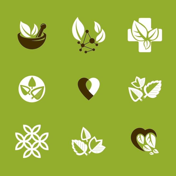 Vector metáfora de fitoterapia, colección de emblemas gráficos vectoriales. ilustraciones conceptuales de estilo de vida vegetariano.