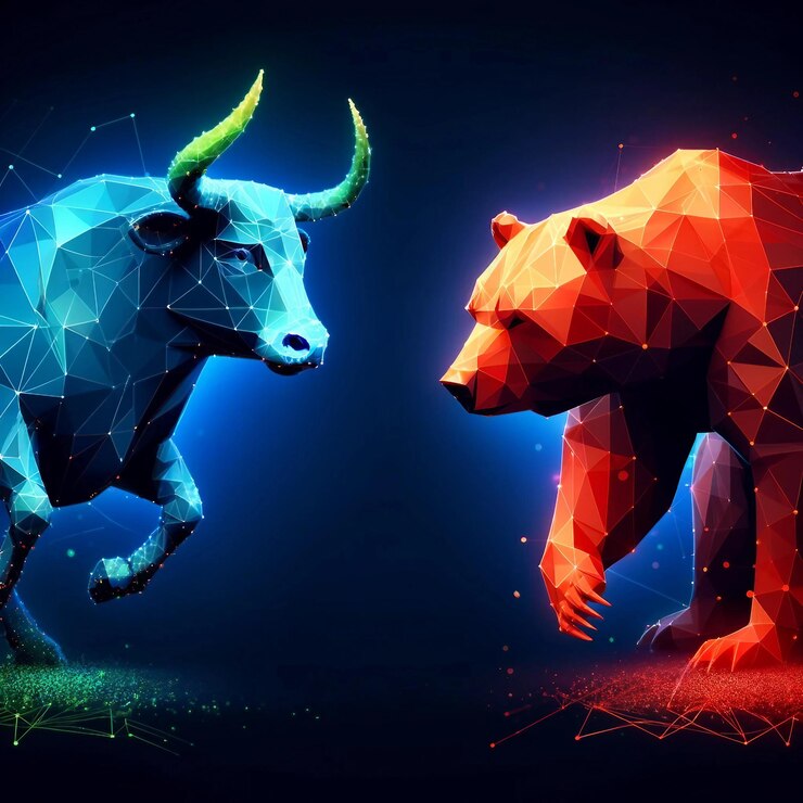 Vector la metáfora del mercado de valores de lowpoly bull y bear