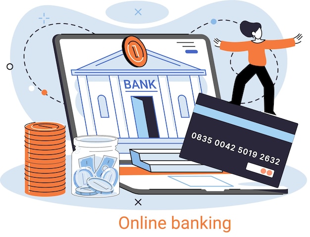 Metáfora de la plataforma de banca en línea Sistema de transacciones en línea del servicio bancario remoto para inversiones y pagos móviles Operaciones bancarias Cambio de divisas Cuenta de cheques Administración de depósitos Comercio electrónico