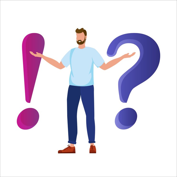 Vector metáfora pregunta respuesta ilustración conceptual de preguntas frecuentes de signos de exclamación y signos de interrogación ilustración con un hombre y signos