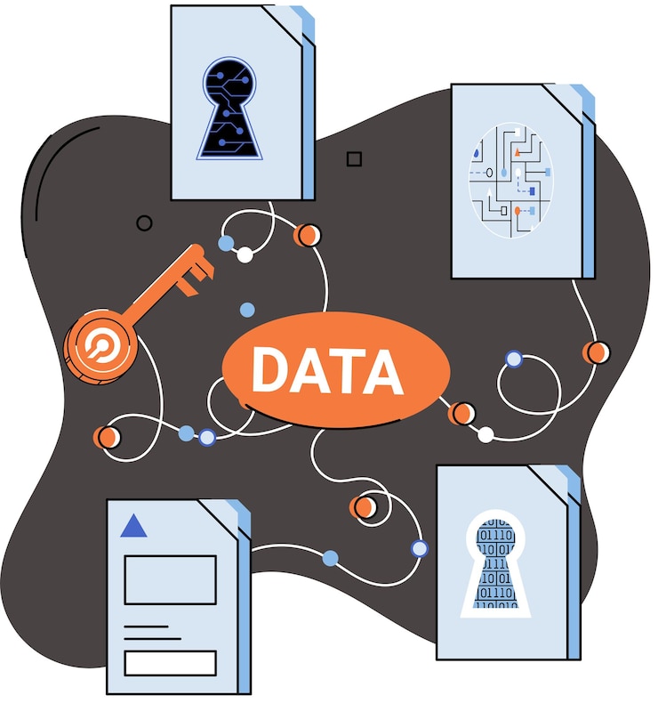 Vector metáfora de protección de datos privacidad seguridad de la información gestión segura de datos y protección de datos ataques de piratas informáticos control de acceso protegido software antivirus comunicación segura en internet almacenamiento seguro