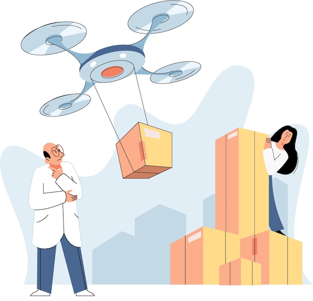 Vector metáfora de tecnología de logística inteligente idea de transporte y distribución modernos personas que utilizan la entrega de helicópteros innovación técnica y científica automatización y desarrollo del proceso de entrega