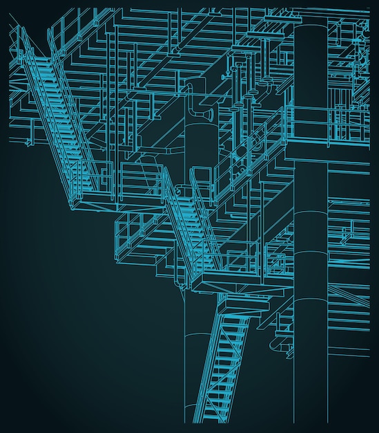 Metal structures offshore platform isometric blueprint closeup