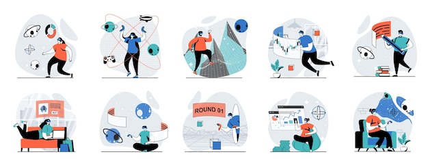 Metaverse concepto web con personas escenas mega conjunto en diseño plano paquete de situaciones de personajes con interacción ciberespacio virtual gafas VR experiencia de realidad aumentada ilustraciones vectoriales