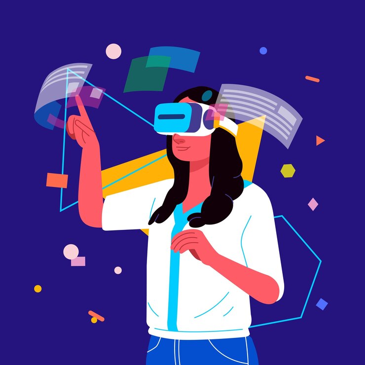 Metaverse Digital Virtual Reality Technology de una mujer con gafas y un auricular VR conectado al espacio virtual