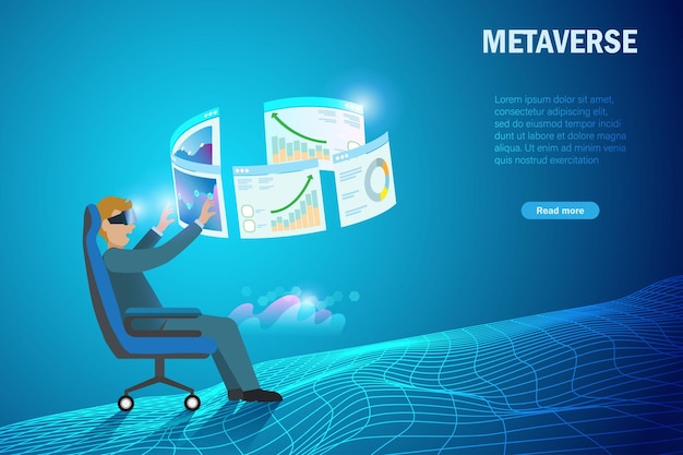 Metaverse en el entorno de realidad virtual del lugar de trabajo empresarial Businessman use VR goggle glass experiencia 3D analizando gráfico metaverse en fondo futurista