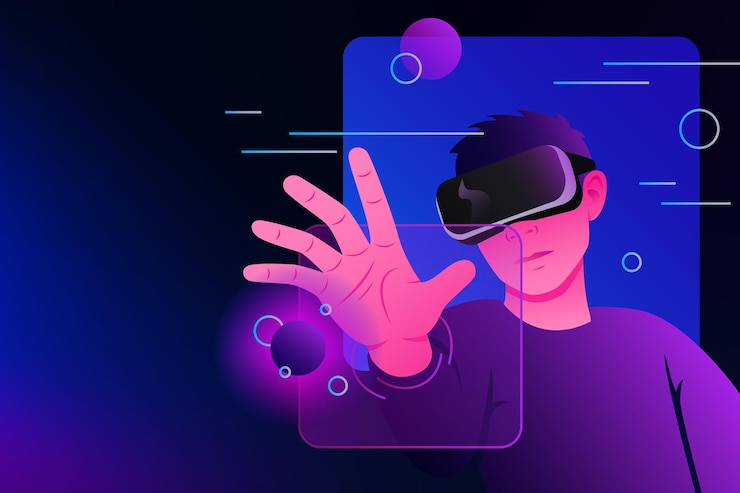 Vector metaverse exploration alternative reality man in vr goggles ilustración web ilustración vectorial