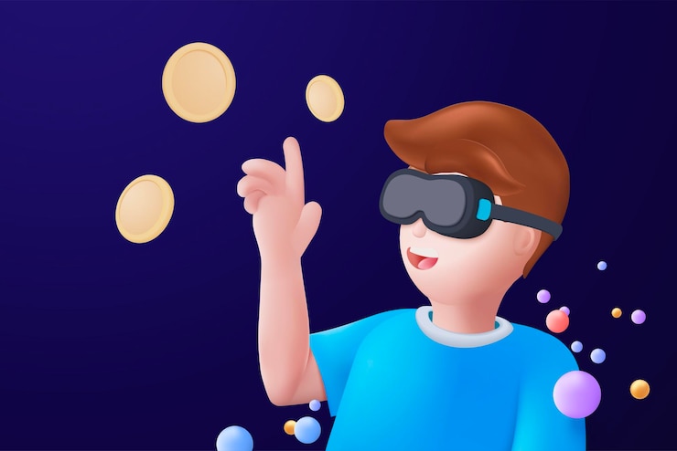 Vector metaverse tecnología futuro 3d concepto vr casco de realidad virtual con objetos flotantes alrededor para jugar un videojuego aislado fondo azul 3d vector render con metaverse concepto futurista