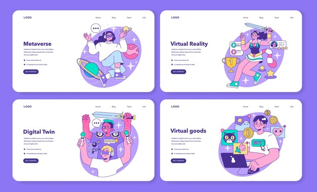 Metaverse web banner o página de aterrizaje conjunto vr tecnología futurista entorno digital o en línea