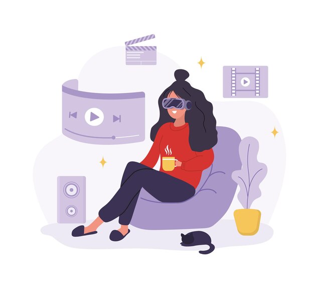 Metaverso cine en línea Mujer en gafas VR viendo televisión Ciberespacio o concepto de realidad virtual Entretenimiento de tecnología moderna Ilustración vectorial en estilo de dibujos animados planos