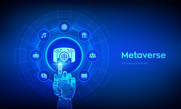 Metaverso concepto de mundo virtual Visualización y simulación 3D Inteligencia artificial Realidad aumentada y tecnología virtual Mano robótica tocando interfaz digital Ilustración vectorial