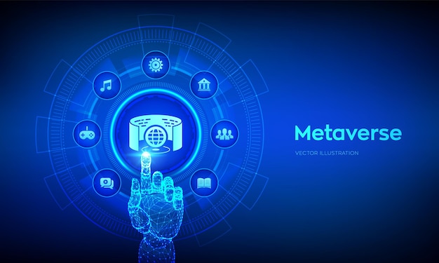 Metaverso concepto de mundo virtual visualización y simulación 3d inteligencia artificial realidad aumentada y tecnología virtual mano robótica tocando interfaz digital ilustración vectorial