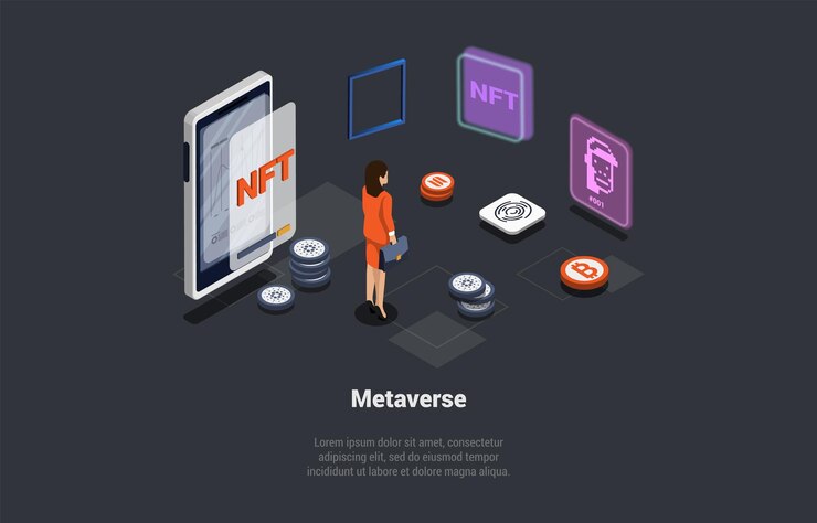 Vector metaverso de conexión a internet global virtual con nueva experiencia en tecnología de realidad virtual metaverso la mujer está invirtiendo en nft colaborar con fondos de riesgo ilustración vectorial 3d isométrica