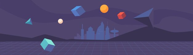 Metaverso Tecnología digital futurista Realidad virtual y aumentada Formas geométricas abstractas con silueta de ciudad