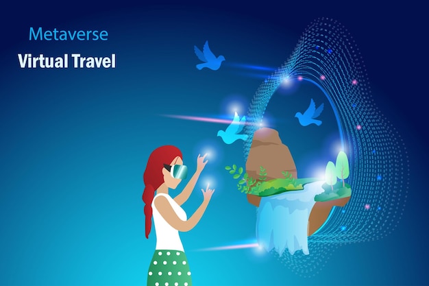 Metaverso viaje virtual tecnología de viaje aumentada en la naturaleza en el ciberespacio entorno futurista Experiencia de mujer viaje generado por computadora viaje cascada interfaz 3D en plataforma metaverso