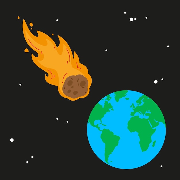 Vector un meteorito y una bola de fuego de la tierra vuelan en el planeta se acerca una catástrofe el cometa ardiente se acerca al final del mundo