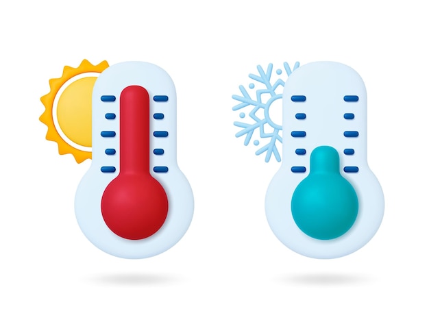 Vector meteorología 3d termómetro control de tiempo grado calor y frío día altas bajas señales de temperatura con el sol y copos de nieve elementos vectoriales pithy