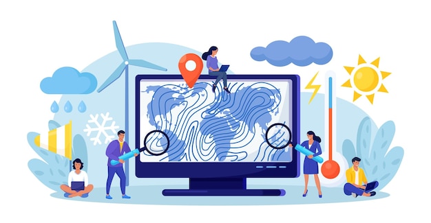Meteorología geofísica predicción del tiempo Meteorólogo que estudia e investiga las condiciones climáticas en línea en una computadora con un mapa mundial de ciclones Los pronosticadores trabajan en un centro meteorológico