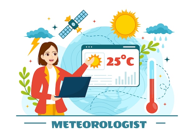 Vector meteorólogo vector ilustración con pronóstico del tiempo y precipitación atmosférica mapa en dibujos animados