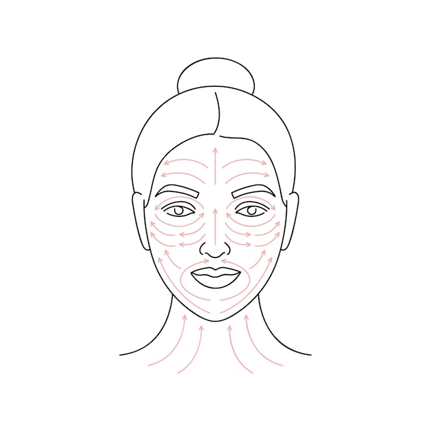 Vector método de ilustración vectorial para masaje facial. rostro femenino con líneas de flecha. tratamiento de belleza facial.