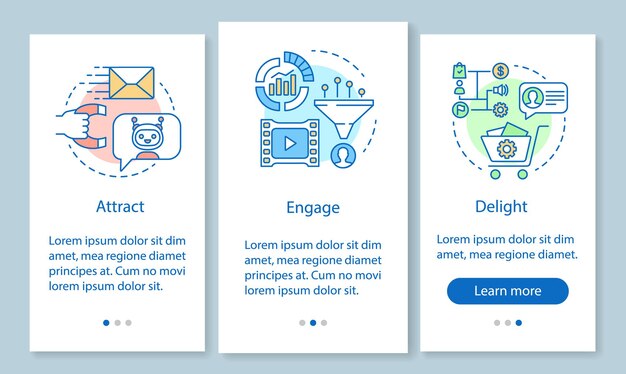 Método de marketing entrante para clientes que incorporan la pantalla de la página de la aplicación móvil con conceptos lineales. Atraer, involucrar instrucciones gráficas de pasos paso a paso. UX, UI, plantilla de vector de GUI con ilustraciones