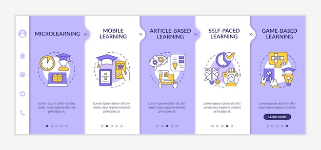 Métodos de aprendizaje electrónico Plantilla de incorporación púrpura y blanca Educación digital Sitio web móvil receptivo con íconos de conceptos lineales Tutorial de la página web Pantallas de 5 pasos LatoBold Fuentes regulares utilizadas