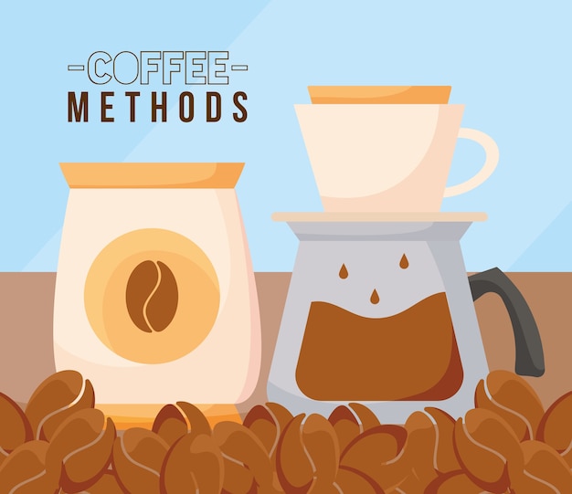 Métodos de café con bolsa de frijoles y diseño de olla de cafeína.