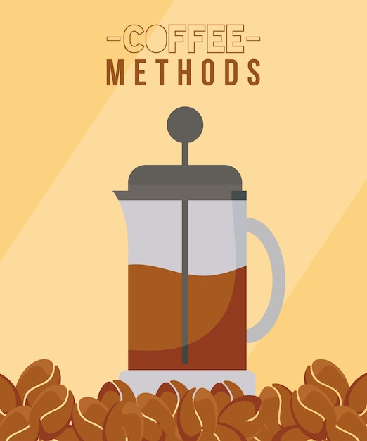 Métodos de café con prensa francesa y diseño de granos de cafeína.