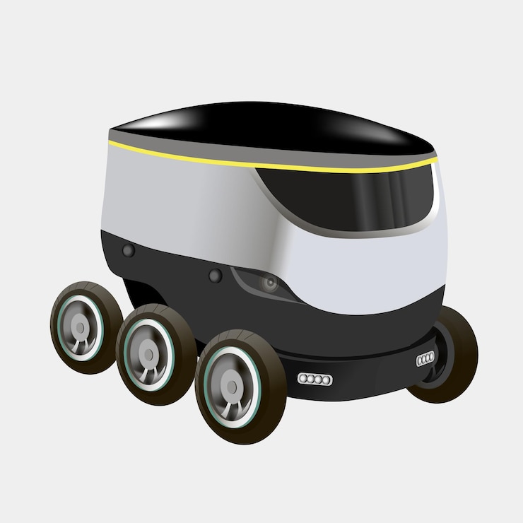 Vector métodos de entrega de robots modernos. robot auto maneja productos de entrega rápida en la ciudad. concepto de innovación de envío tecnológico. ilustración de vector moderno. aislado.